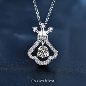 925 Sterling Silver Moissanite Crown Dress Pendant Necklace For Women Elegant Dancing Stone Clavicle Chain Fine Jewelry Gift