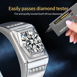 925 silver mens moissanite ring with four-prong setting tested with a diamond tester