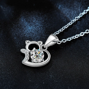 Süße Katzenherzkette aus 925 Sterling Silber mit Moissanit Anhänger Schmuck für Damen