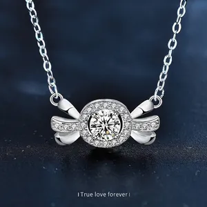 S925 Sterling Silver Moissanite Candy Pendant Necklace Bow Clavicle Chain For Women Elegant Niche Jewelry Accessory