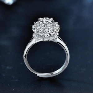 Adjustable 925 sterling silver moissanite ring featuring a floral halo setting for women