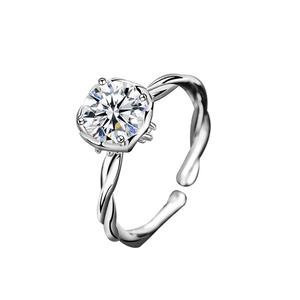Adjustable sterling silver twisted rope ring featuring a round moissanite solitaire