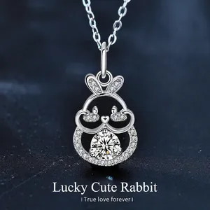 925 Sterling Silver Moissanite Rabbit Pendant Necklace Round Cut Lucky Zodiac Clavicle Chain Fashion Jewelry Gift For Women