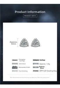 Macro view of 9mm triangle moissanite earrings with S925 sterling silver specifications