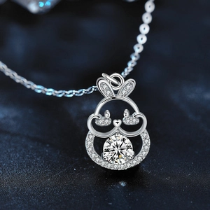 Moissanite rabbit pendant necklace in S925 sterling silver with sparkling stones