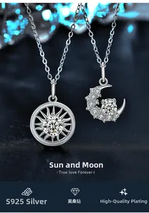 Detailed macro of S925 sterling silver sun and moon pendants with sparkling moissanite stones