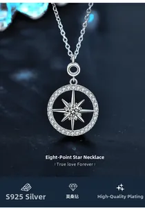Macro view of S925 silver north star pendant with moissanite on blue background