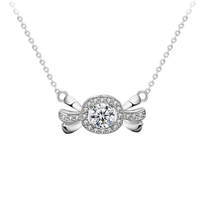 925 silver bow necklace with a brilliant moissanite center stone on white background