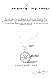 Technical sketch of 18mm starburst necklace featuring a 50pt moissanite center stone