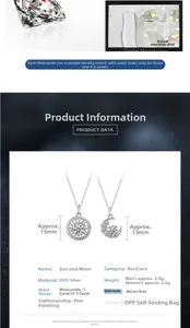 Detail of Moissanite Sun and Moon necklaces showing micro engraving and S925 silver specs