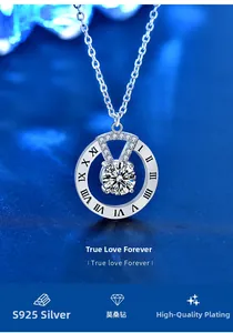 Macro detail of S925 silver necklace with Roman numeral ring and sparkling moissanite