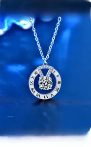 Macro detail of S925 silver pendant with Roman numerals and sparkling center stone