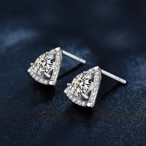 Triangle moissanite 925 sterling silver studs with brilliant cut round stones and pavé halo