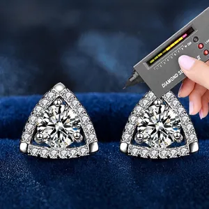 Triangle Moissanite S925 sterling silver studs with round cut center diamond and halo