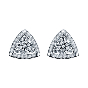 Triangle halo moissanite stud earrings in 925 sterling silver with sparkling round center stones