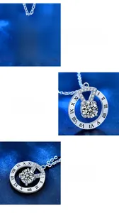 Macro shot of 925 silver moissanite pendant with Roman numerals and four-prong setting