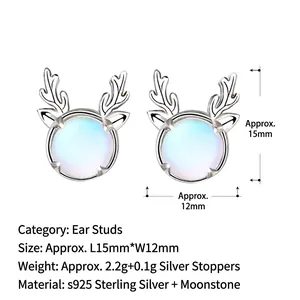 Boucles d'oreilles bois de cerf en argent 925 avec pierre de lune bleue 15x12mm