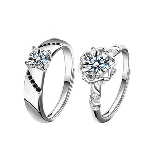 Adjustable 925 sterling silver couple rings with moissanite stones and floral accents