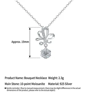 Collier bouquet en argent sterling 925 avec nœud et pendentif en moissanite 10pt