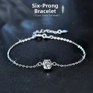 Detailed view of 925 silver moissanite bracelet with classic six-prong setting detail