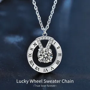 925 Sterling Silver Moissanite Pendant Necklace Roman Numeral Round Rotating Sweater Chain For Women Fine Jewelry Gift