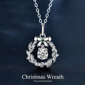 Collier Pendentif Couronne de Noël en Moissanite Argent Sterling 925 Nœud Pierre Dansante Bijoux Pour Femme Cadeau