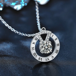 S925 silver sweater necklace featuring a Roman numeral ring pendant with a moissanite stone