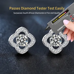 Exquisite 925 sterling silver four-leaf clover stud earrings with sparkling moissanite stones