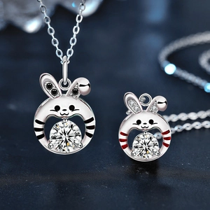 925 silver rabbit couple necklaces with moissanite pendants in black and red accents