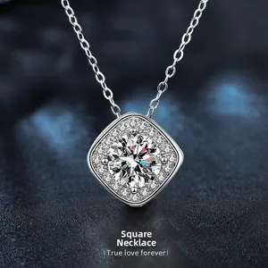 Macro shot of 925 sterling silver square halo pendant with round sparkling center stone