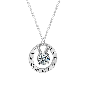 925 silver necklace with a Roman numeral circle pendant and a round moissanite center stone
