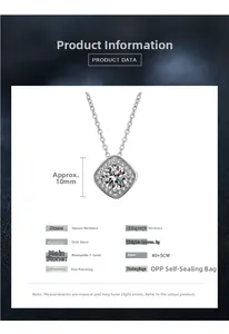 Detailed size parameters of S925 silver square 1ct moissanite pendant necklace