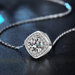 Macro shot of 925 sterling silver square halo pendant with brilliant moissanite stone