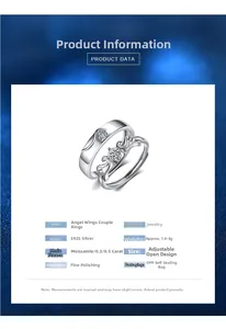 Macro detail of S925 sterling silver wing rings with moissanite diamonds data sheet