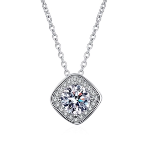 Detailed close-up of a 925 sterling silver square pendant necklace with moissanite stone