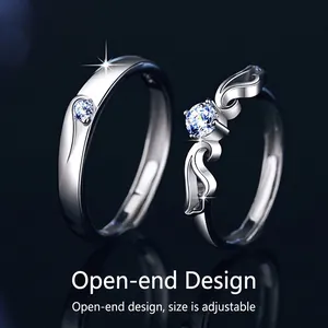 Adjustable S925 sterling silver couple rings with moissanite angel wings and solitaires