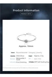 Spécifications du bracelet moissanite en argent S925 avec taille de pierre 1ct et mesures