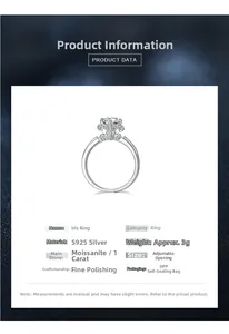 Detailed specs of S925 silver iris ring with 1ct moissanite and adjustable band