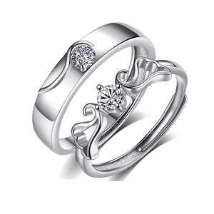 Moissanite 925 sterling silver angel wing couple rings with adjustable open band design