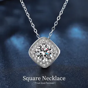 925 Sterling Silver Moissanite Square Halo Pendant Necklace For Women Classic Geometric White Gold Plated Chain Jewelry Gift