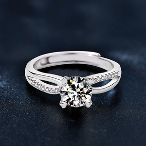 Detailed view of the crossover silver ring band set with brilliant moissanite stone