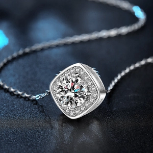 Classic 925 sterling silver necklace with square halo pendant and round brilliant moissanite
