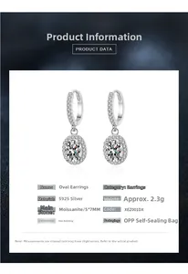 Detailed spec sheet showing 925 sterling silver oval moissanite earrings with 5x7mm stone