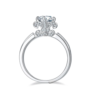 Elegant 925 sterling silver fleur-de-lis open ring with large round crystal centerpiece