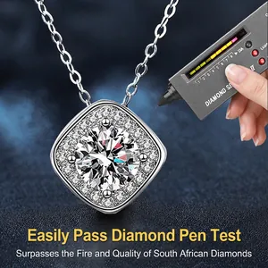 Classic 925 sterling silver necklace featuring a square halo pendant with a brilliant moissanite