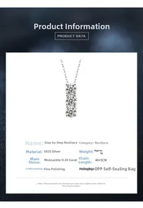Macro view of S925 silver necklace with three vertical moissanite stones and parameters