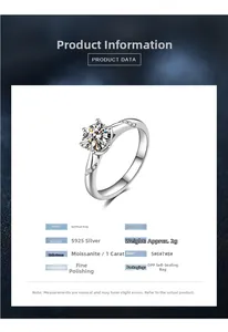 Detailed product specifications of 925 silver ring with 1ct moissanite six-prong setting