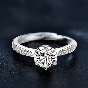 Close-up of a 925 silver moissanite ring with six-prong setting and side accents