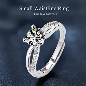925 Sterling Silver Moissanite Ring For Women Adjustable Open Crossover Hollow Geometric Design White Gold Plated Jewelry