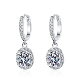 Elegant 925 sterling silver oval moissanite drop earrings with sparkling halo detail